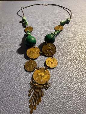 Vintage 1970s Peruvian Brass Coin Necklace Sol de Oro Ceramic Beads Leather